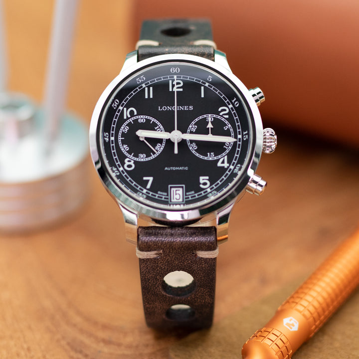 MiLTAT 19mm或20mm 意大利手工製作 黑褐色 大孔熱帶賽車 皮錶帶 米色線