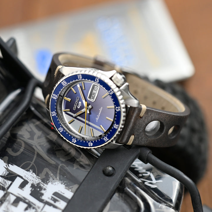 MiLTAT 22mm 意大利手工製作 黑褐色 大孔熱帶賽車 皮錶帶 米色線