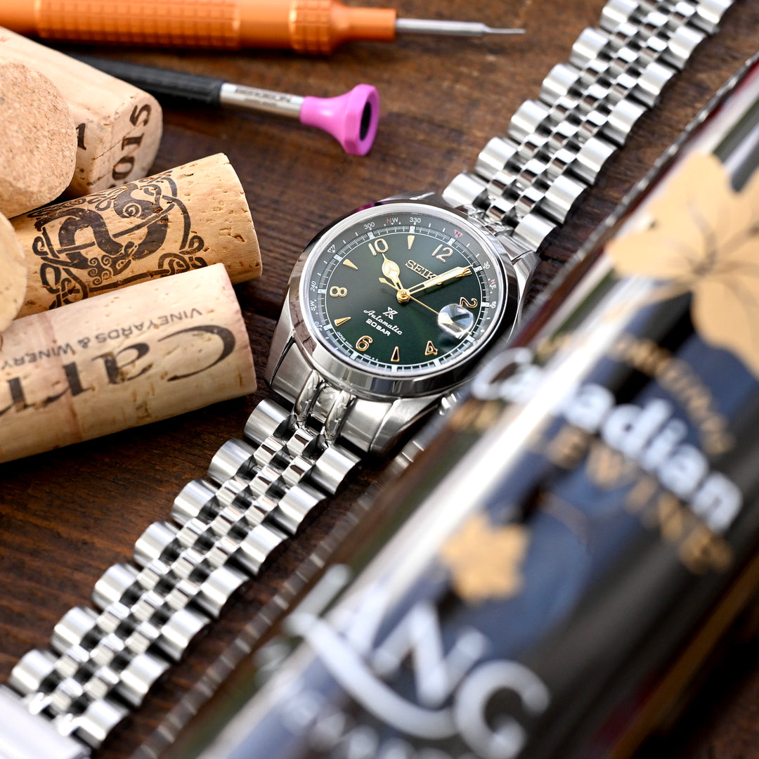 SEIKO 精工登山運動員 SARB017 SPB155 SBEJ005 代用鋼錶帶（兼容 Hamilton 漢密爾頓卡其野戰系列 H70455733）安哥斯五珠 不鏽鋼 V形潛水扣專用帶