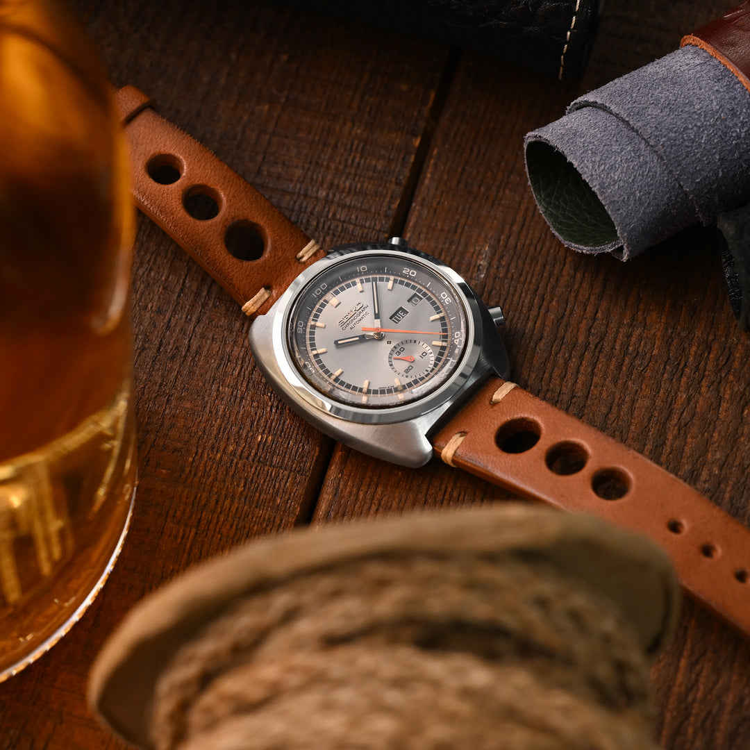 MiLTAT 19mm或20mm 意大利手工製作 棕色 大孔熱帶賽車 馬皮革錶帶 米色線