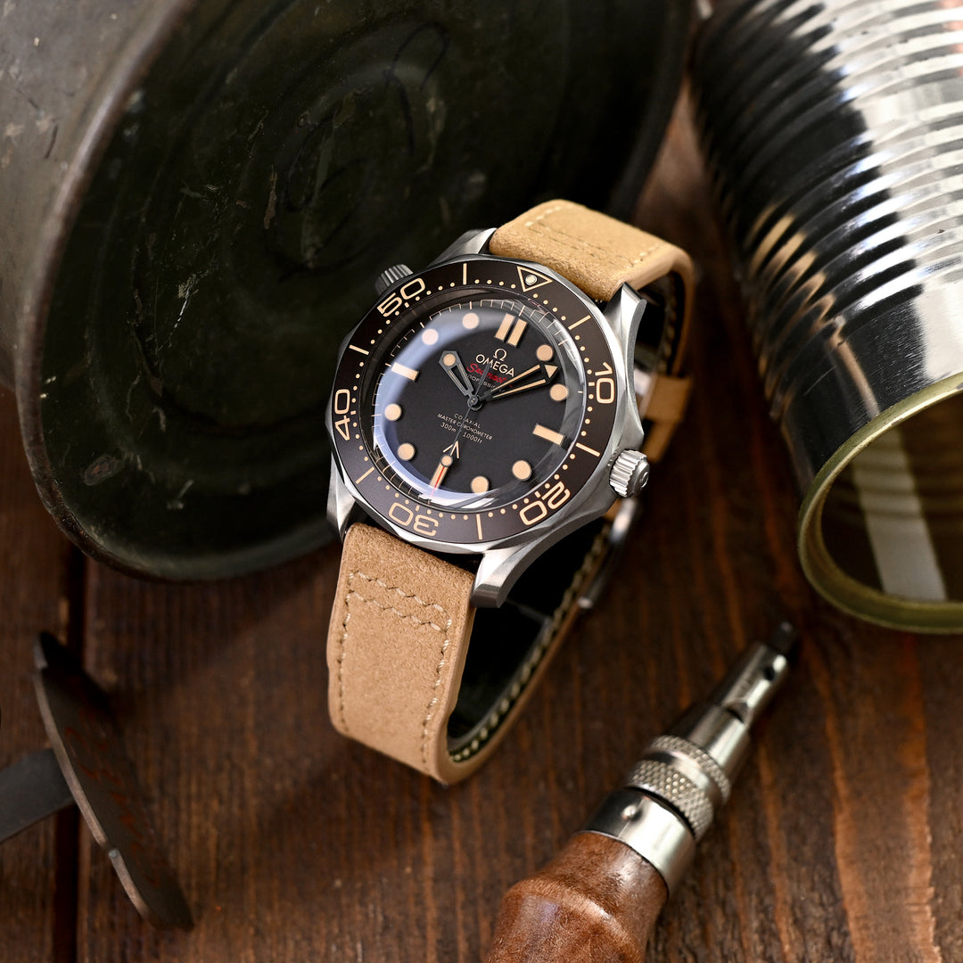 卡其色 Alcantara 超細纖維賽車內飾布料快拆錶帶，米色縫線，20 mm、21 mm或 22 mm