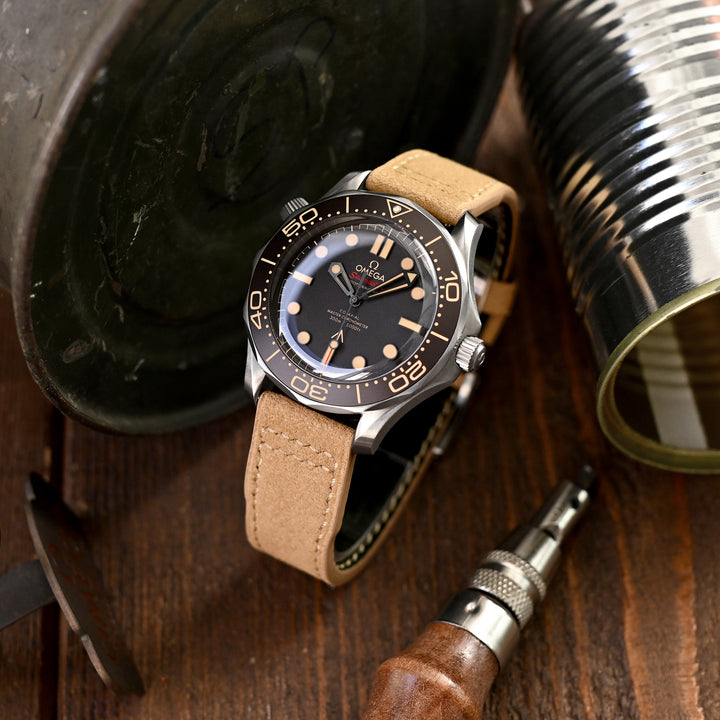 卡其色 Alcantara 超細纖維賽車內飾布料快拆錶帶，米色縫線，20 mm、21 mm或 22 mm