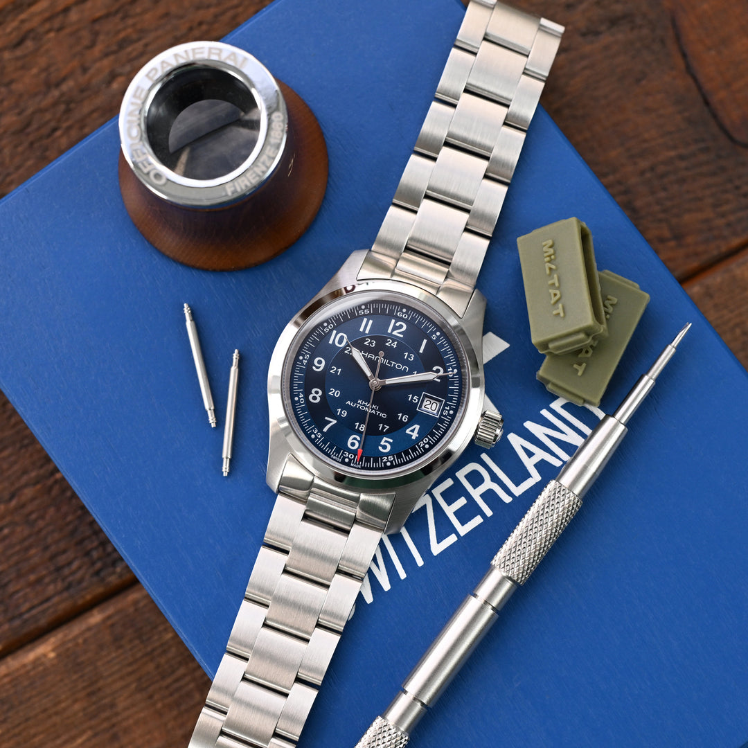 SEIKO 精工登山運動員 SARB017 SPB155 SBEJ005 代用鋼錶帶（兼容 Hamilton 漢密爾頓卡其野戰系列 H70455733）超級三板式插尾版本 不鏽鋼 V形潛水扣專用帶
