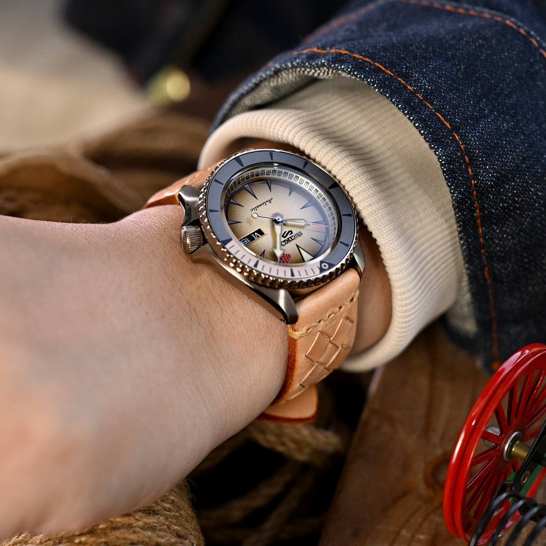 MiLTAT Zizz系列 編織意大利皮革LV米色錶帶 手工褐色蠟線