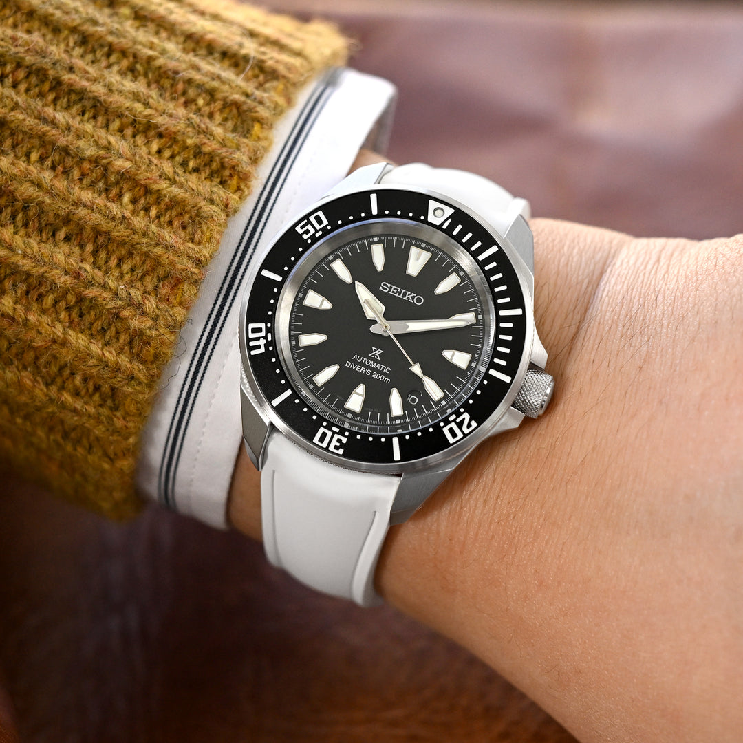 優質 FKM34 彈性半彎曲頭耳 白色快拆FKM橡膠錶帶, 不鏽鋼蝴蝶扣