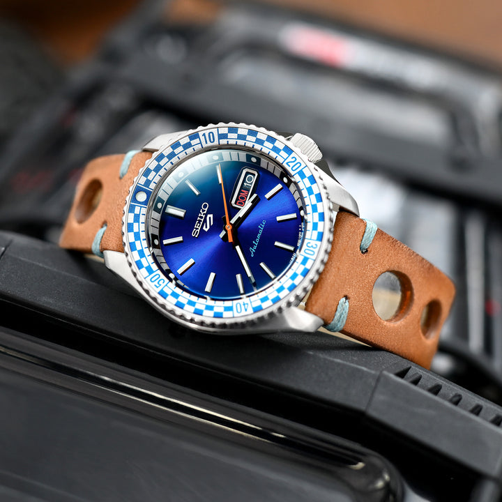MiLTAT 22mm 意大利手工製作 棕色 大孔熱帶賽車 馬皮革錶帶 藍色線