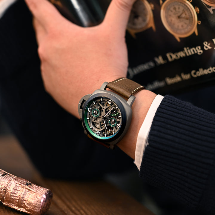 PAM 錶帶系列，深棕色 義大利 小牛皮錶帶，適用於沛納海，淺褐色線