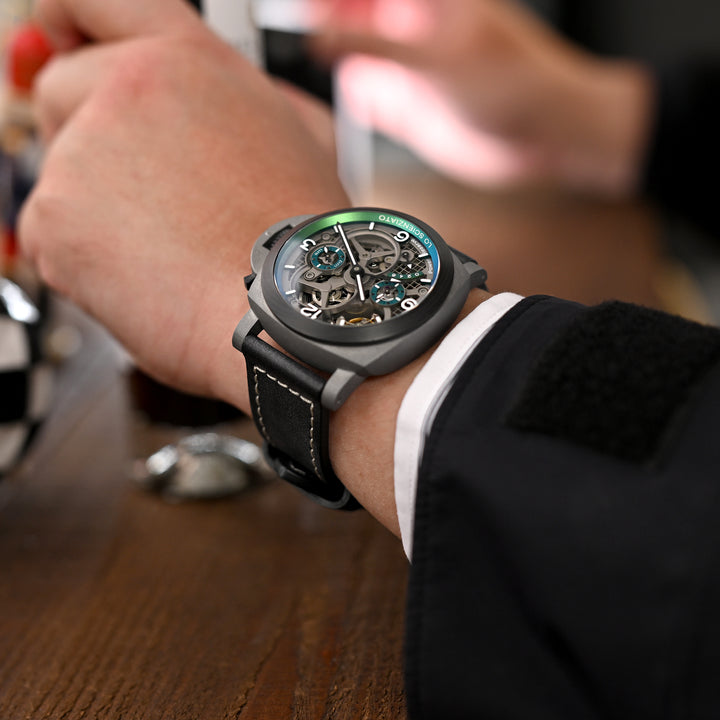 PAM 錶帶系列，黑色法國精製 Barenia 皮革錶帶，適用於沛納海，淺褐色線