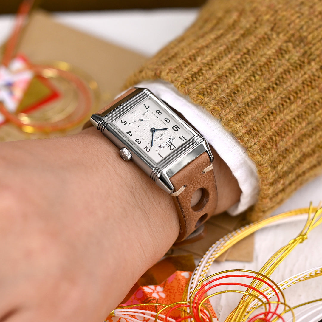 MiLTAT 22mm 意大利手工製作 棕色 大孔熱帶賽車 馬皮革錶帶 米色線