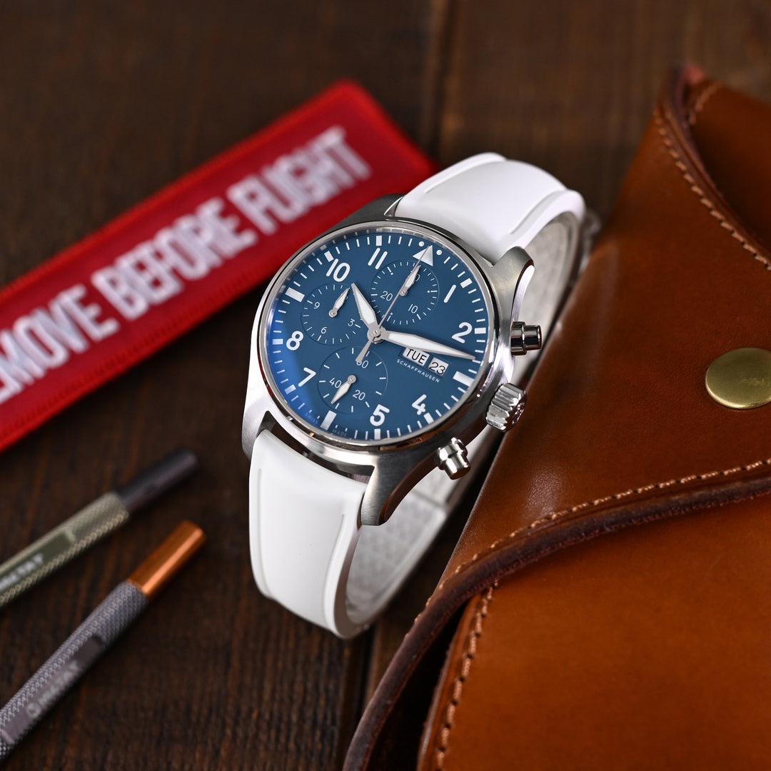 優質 FKM34 彈性半彎曲頭耳 白色快拆FKM橡膠錶帶, 不鏽鋼蝴蝶扣