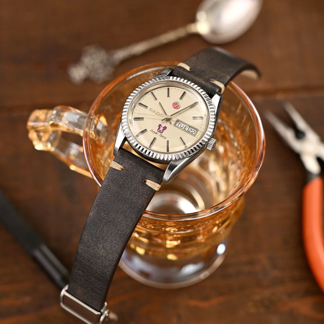 意大利手工製作 一體式20mm 快拆 錶帶 黑棕色 皮革錶帶 米色線