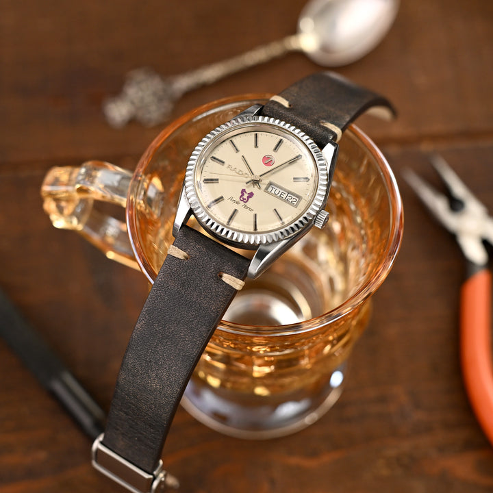 意大利手工製作 一體式20mm 快拆 錶帶 黑棕色 皮革錶帶 米色線