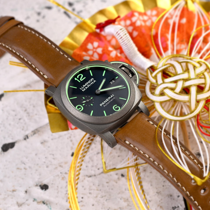 PAM 錶帶系列，波本棕色 美國Horween 馬臀皮革錶帶，適用於沛納海，淺褐色線