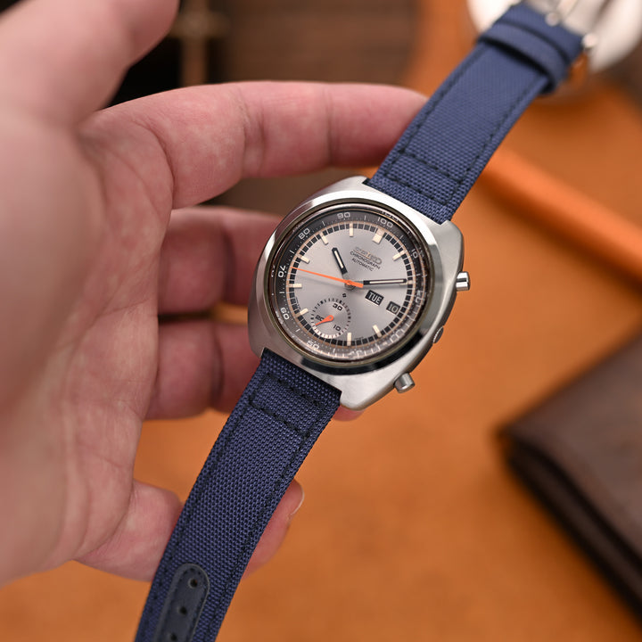 Sailcloth帆船布錶帶19mm, 20mm 或 23mm 海軍藍色 快拆錶帶 皮革襯裡