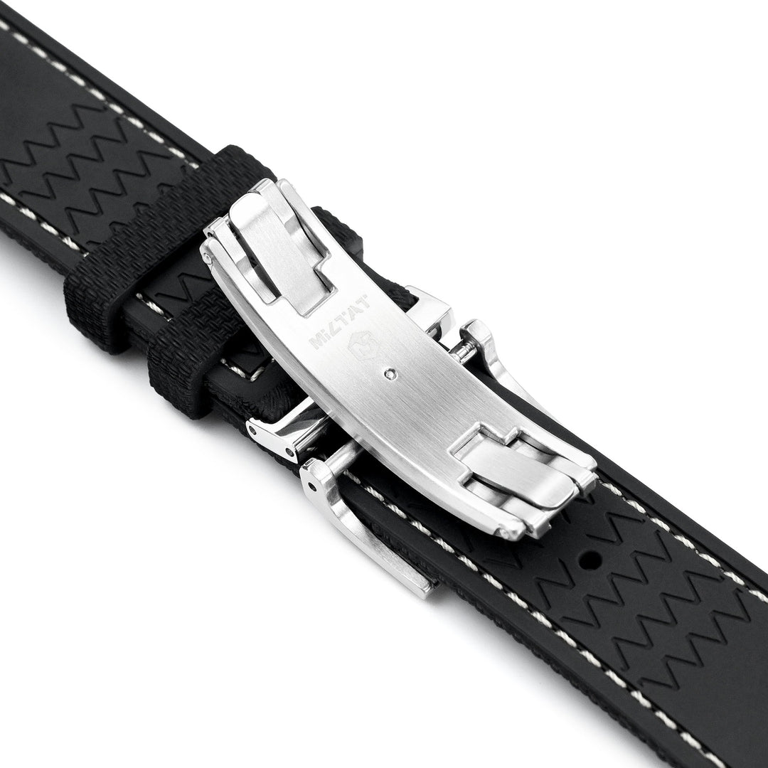 FKM39 Black Deployment FKM Rubber Watch Band Beige Stitch, 18mm to 23mm Strapcode watch bands