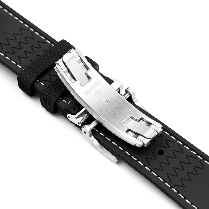 FKM39 Black Deployment FKM Rubber Watch Band Beige Stitch, 18mm to 23mm Strapcode watch bands