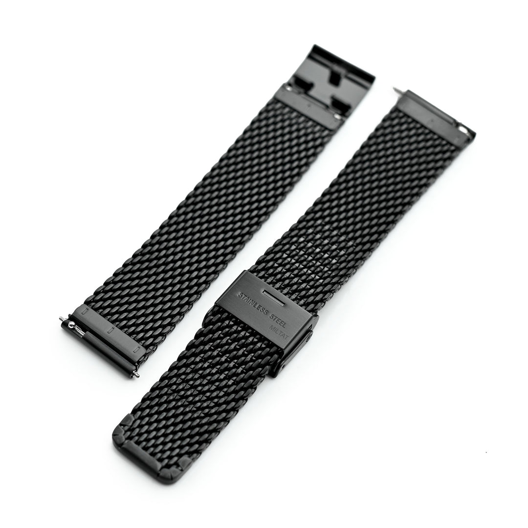 快拆錶帶 19mm, 20mm, 21mm或22mm 錐形加厚傳統米蘭錶帶超316L鋼絲鋼網 掛掣扣錶帶電鍍黑