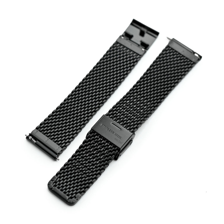 快拆錶帶 19mm, 20mm, 21mm或22mm 錐形加厚傳統米蘭錶帶超316L鋼絲鋼網 掛掣扣錶帶電鍍黑