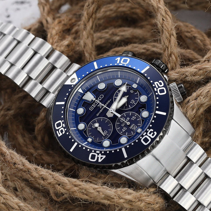 SEIKO精工太陽能三眼計時SSC015專用代用錶帶實心總統型雙鎖潛水扣不鏽鋼拉砂