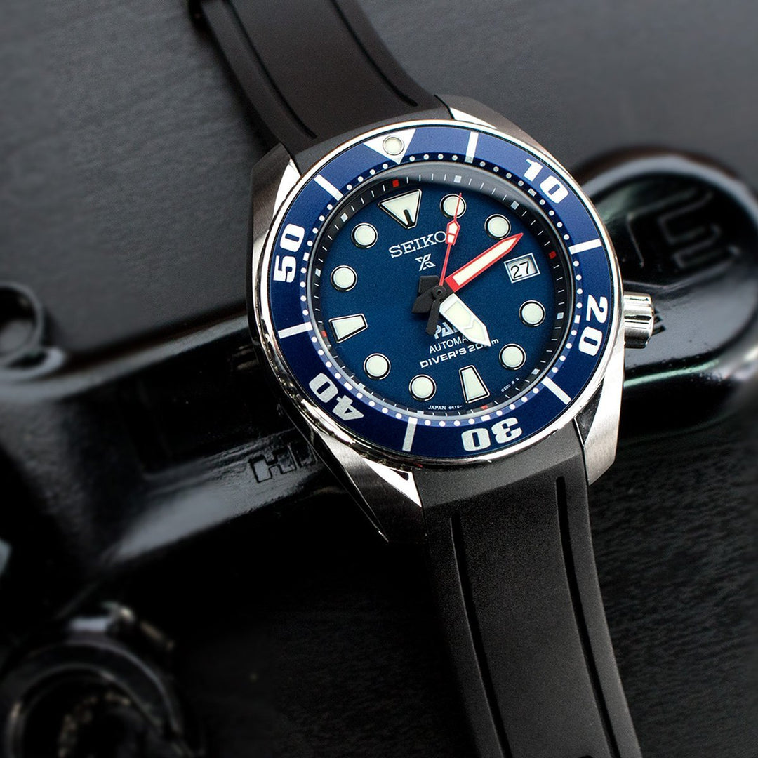 20mm Crafter Blue - Black Rubber Curved Lug Watch Band for Seiko Sumo SBDC001, PVD Black Buckle
