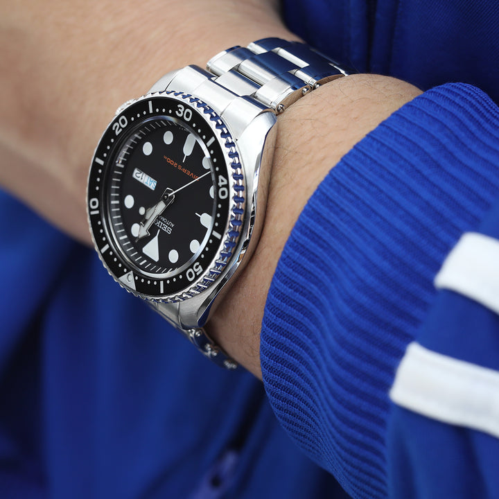SEIKO精工水鬼SKX007 彎頭Metabind邁赫鉚釘代用鋼錶帶V扣拉砂