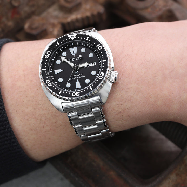 SEIKO精工復刻鮑魚SRP777彎頭Metabind邁赫鉚釘代用鋼錶帶V扣拉砂