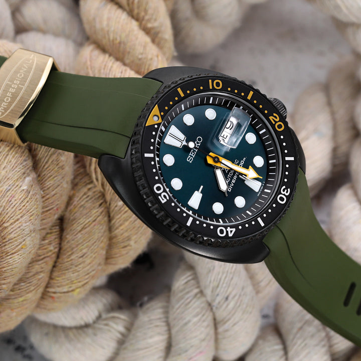 CB SEIKO精工復刻海龜SRP777專用代用橡膠錶帶軍綠色電金扣