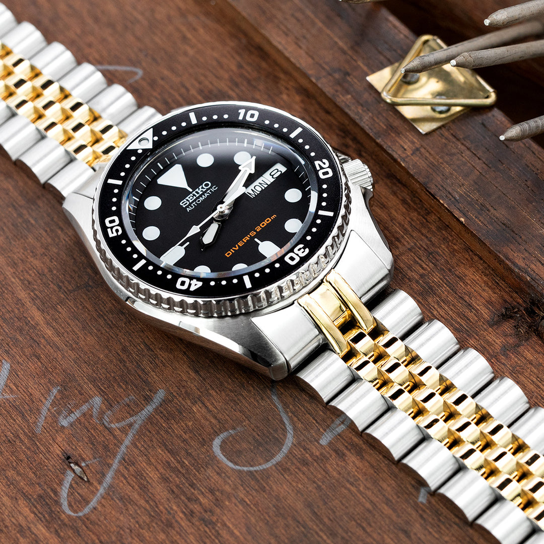 SEIKO精工水鬼SKX013專用代用帶 超級3D三板式V扣不鏽鋼錶帶拉砂電鍍金色