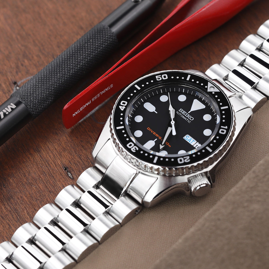 SEIKO精工水鬼SKX013專用錶帶總統型V扣雙鎖潛水扣不鏽鋼拉砂拋光