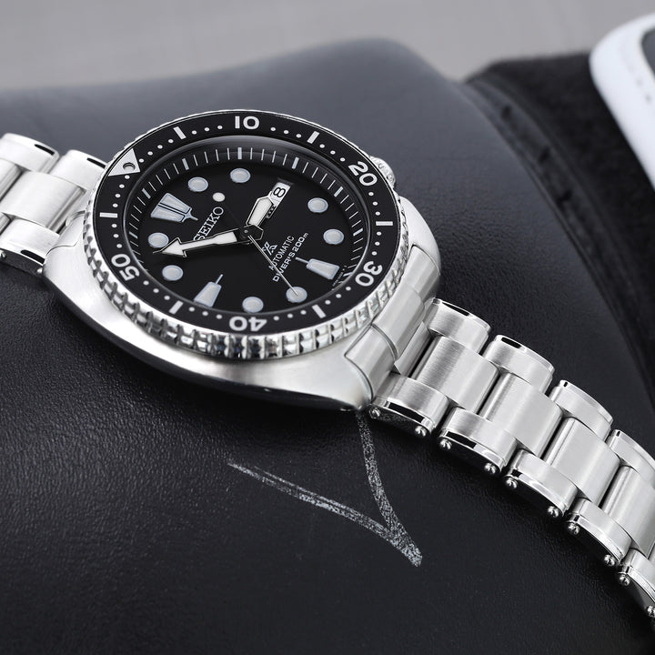 SEIKO精工復刻鮑魚SRP777彎頭Metabind邁赫鉚釘代用鋼錶帶V扣拉砂