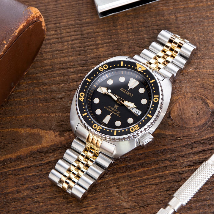 SEIKO 精工復刻海龜 SRP777 SRP775 SRPA21 (PADI) 代用鋼錶帶 經典實心五珠 不鏽鋼 V形潛水扣 中間電鍍金色版