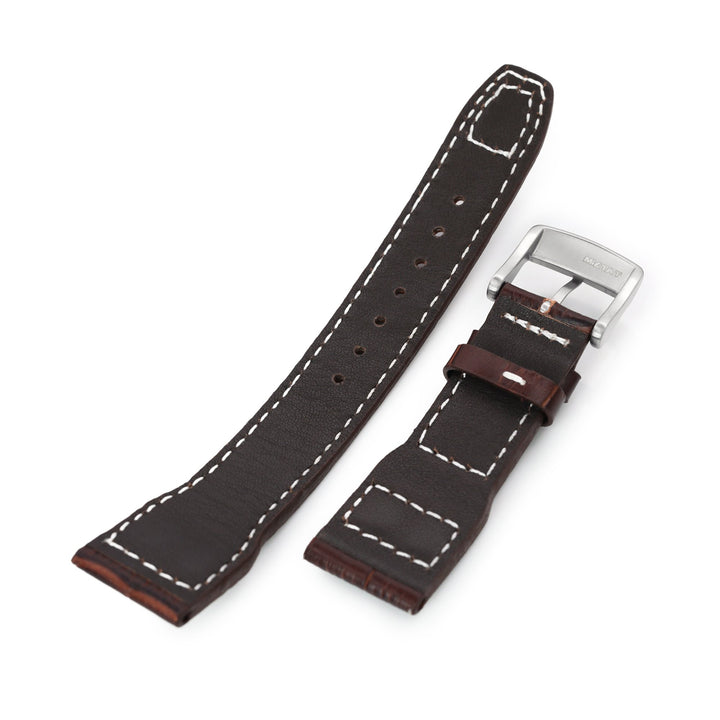 22mm Pilot Pecan Brown CrocoCalf (Croco Grain) Rivet Lug Watch Strap, Brushed Buckle Strapcode Watch Bands