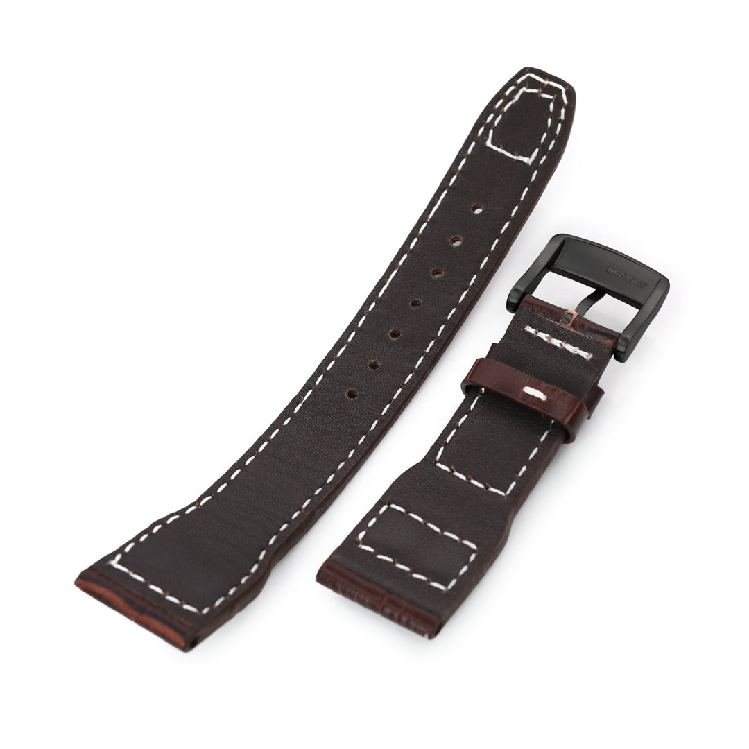 22mm Pilot Pecan Brown CrocoCalf (Croco Grain) Rivet Lug Watch Strap, PVD Black Buckle Strapcode Watch Bands
