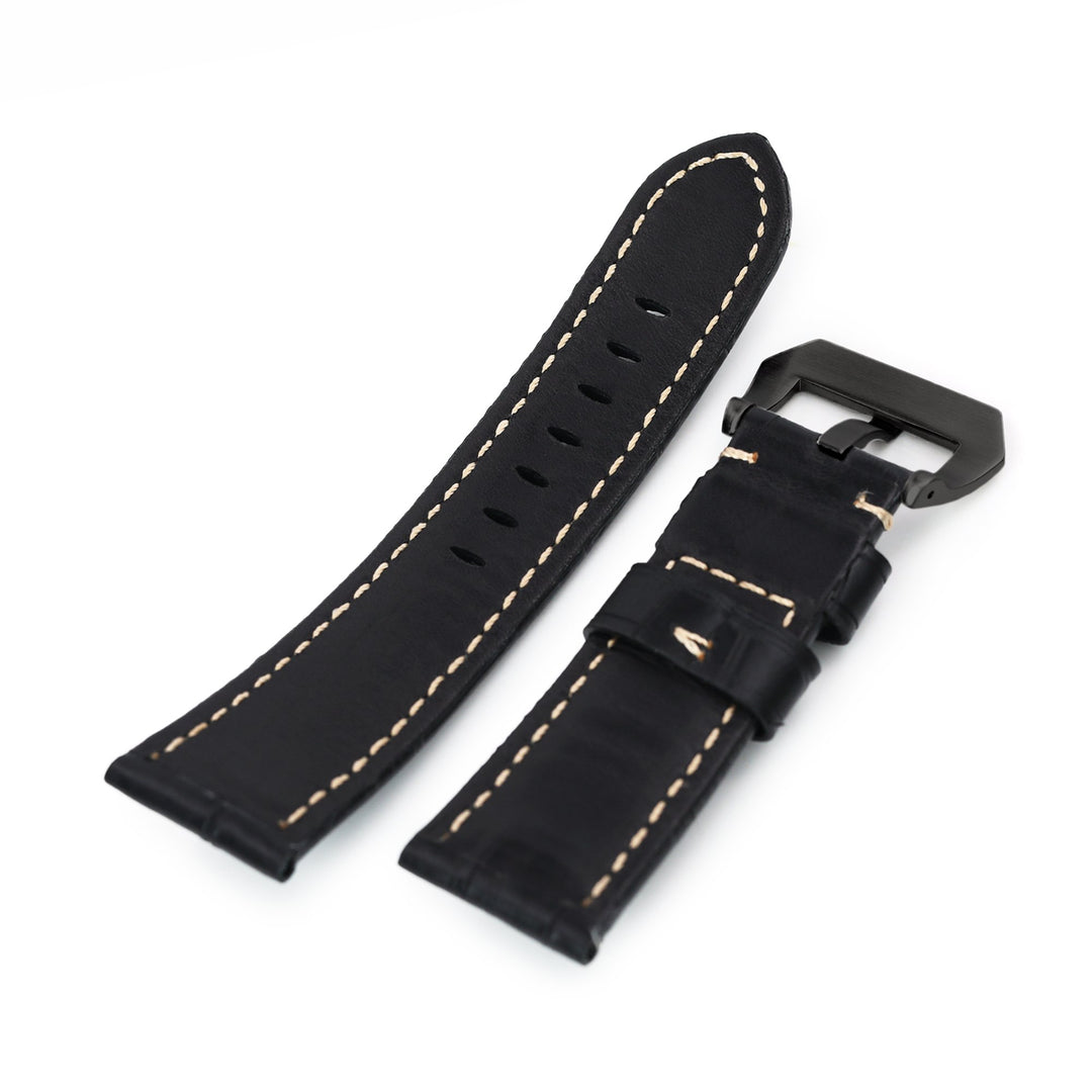 24mm Black CrocoCalf (Croco Grain) Leather Watch Band, PVD Black Buckle Strapcode Watch Bands