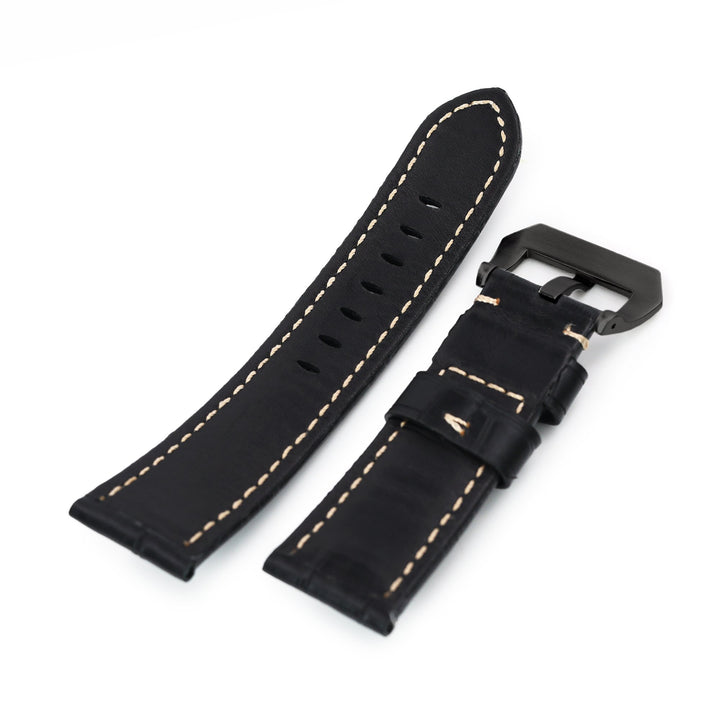 24mm Black CrocoCalf (Croco Grain) Leather Watch Band, PVD Black Buckle Strapcode Watch Bands